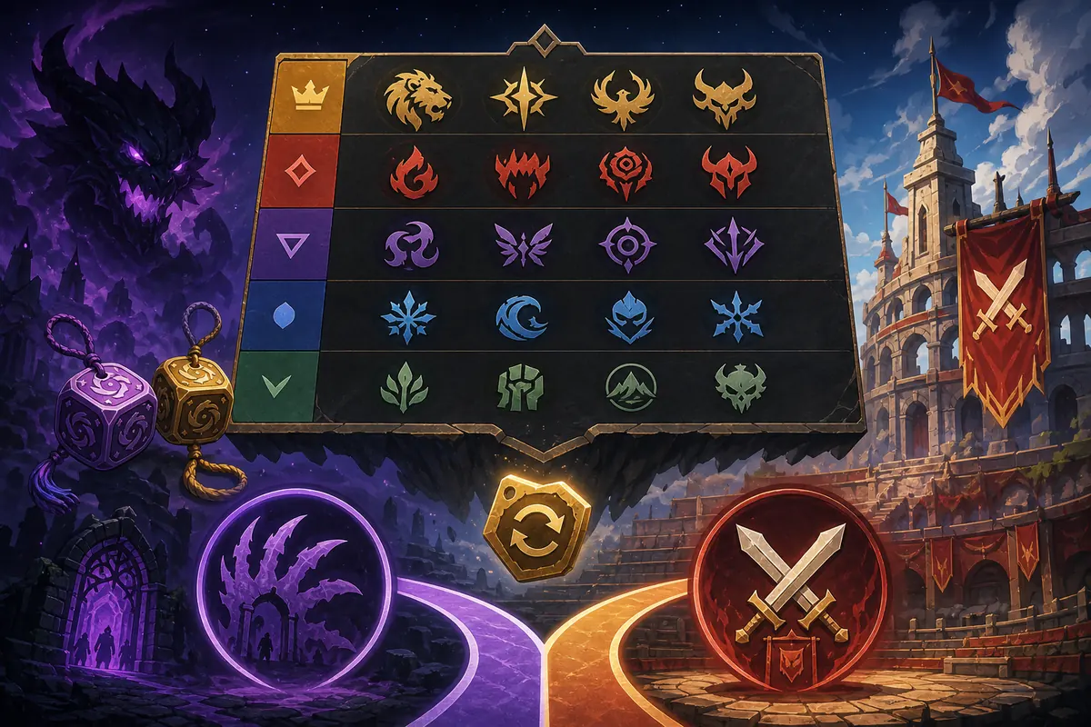 Non-official editorial VV Ultimatum clan tier matrix with reroll symbols and route choices