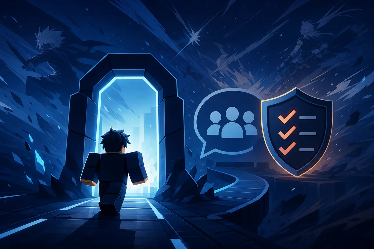 Editorial VV Ultimatum Discord source-check illustration with Roblox portal, community chat, and safety checklist