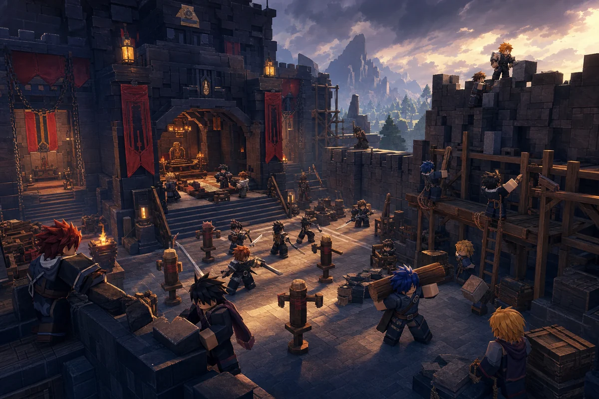 Editorial concept illustration of a functional guild base with command, training, and defense zones