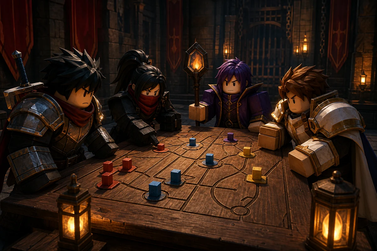 Editorial concept illustration of a VV Ultimatum-style guild planning roles around a table