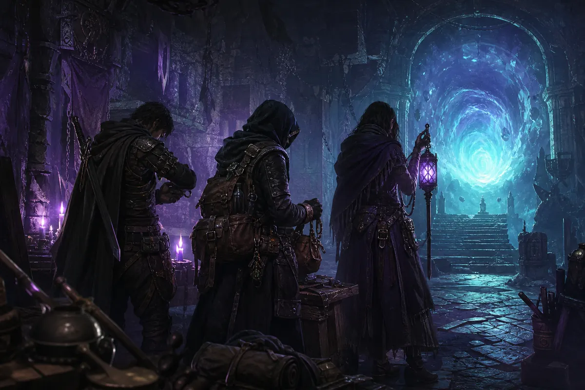 Concept illustration of a group preparing before a portal