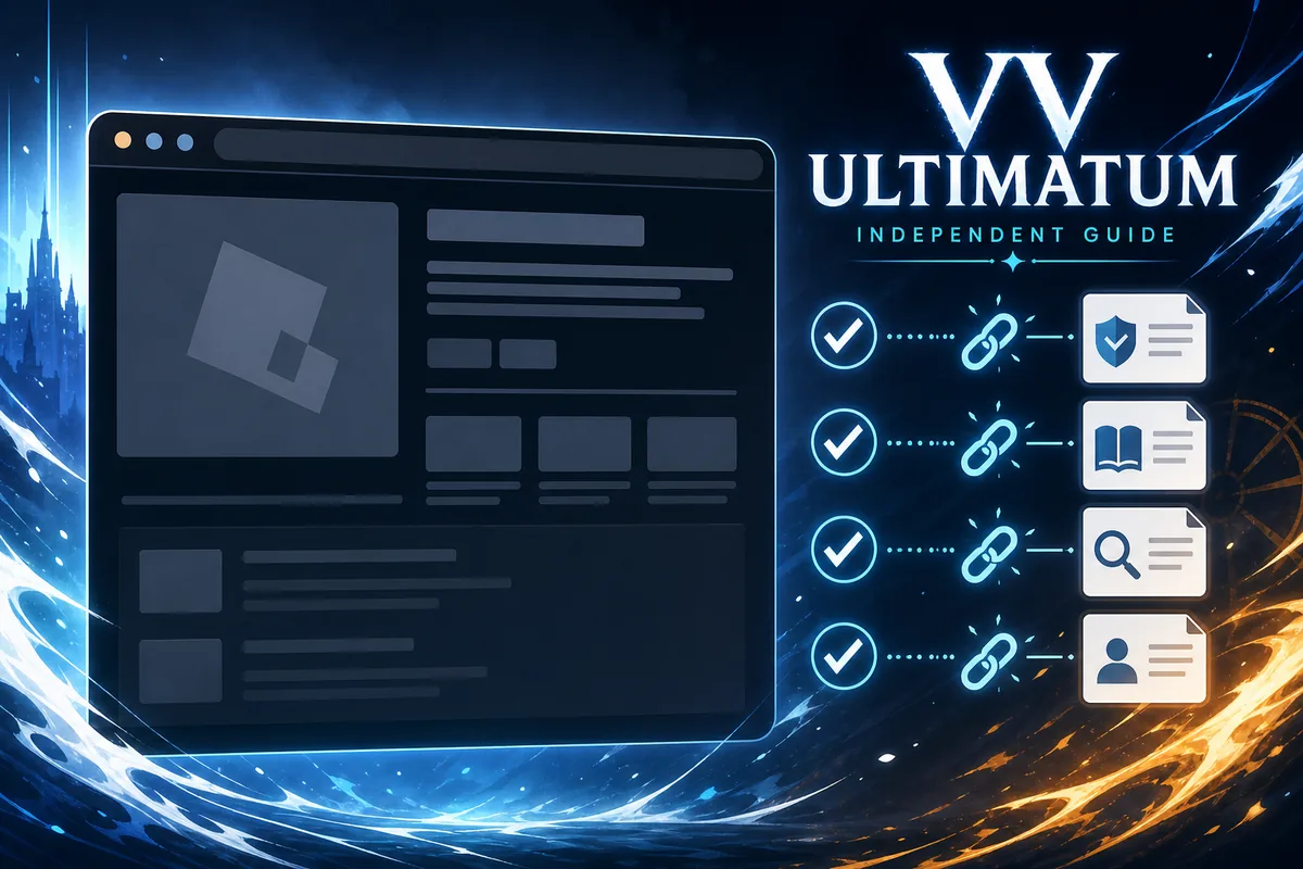 Illustration of a VV Ultimatum Roblox link verification workflow for an independent guide