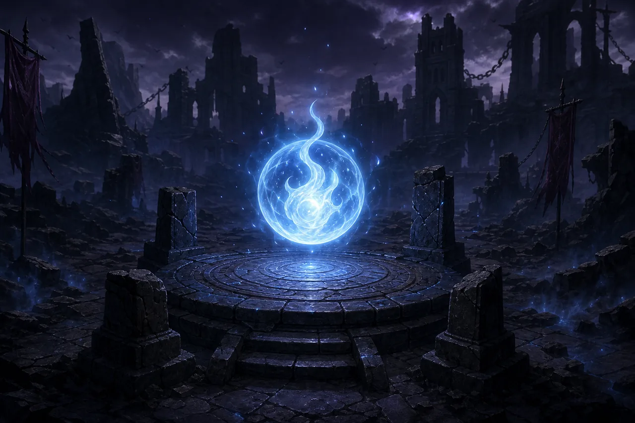 Blue Soul Essence editorial concept above a ruined crafting altar