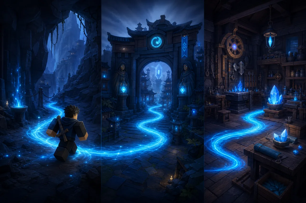 Editorial concept illustration of a VV Ultimatum player checking zones and a crafting workshop