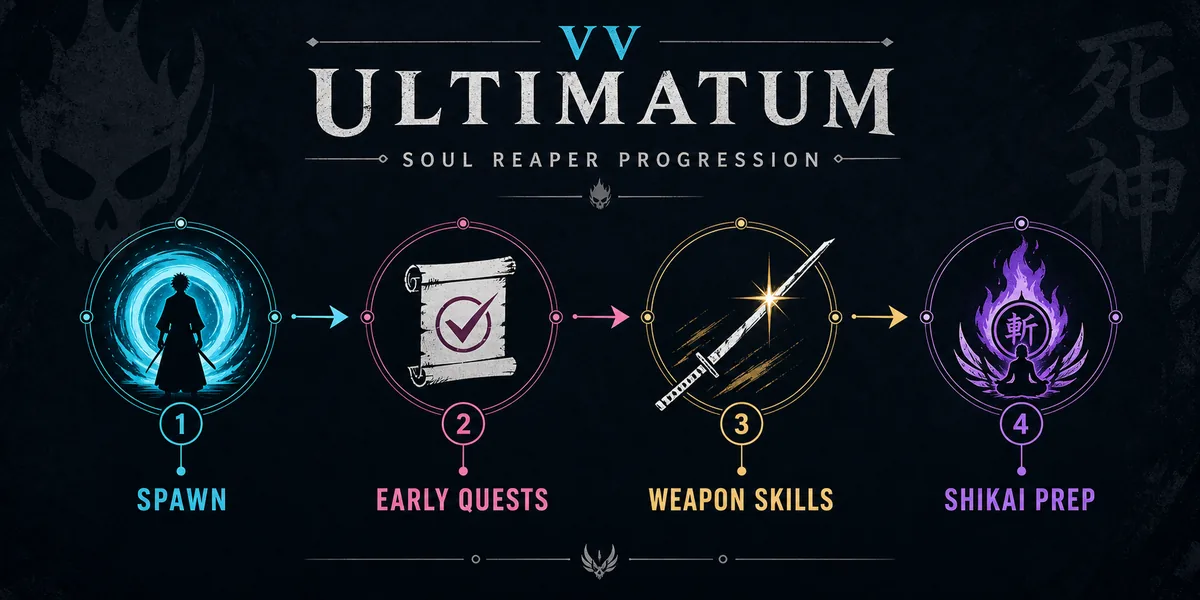 VV Ultimatum Soul Reaper progression timeline with spawn, early quests, weapon skills, and Shikai preparation