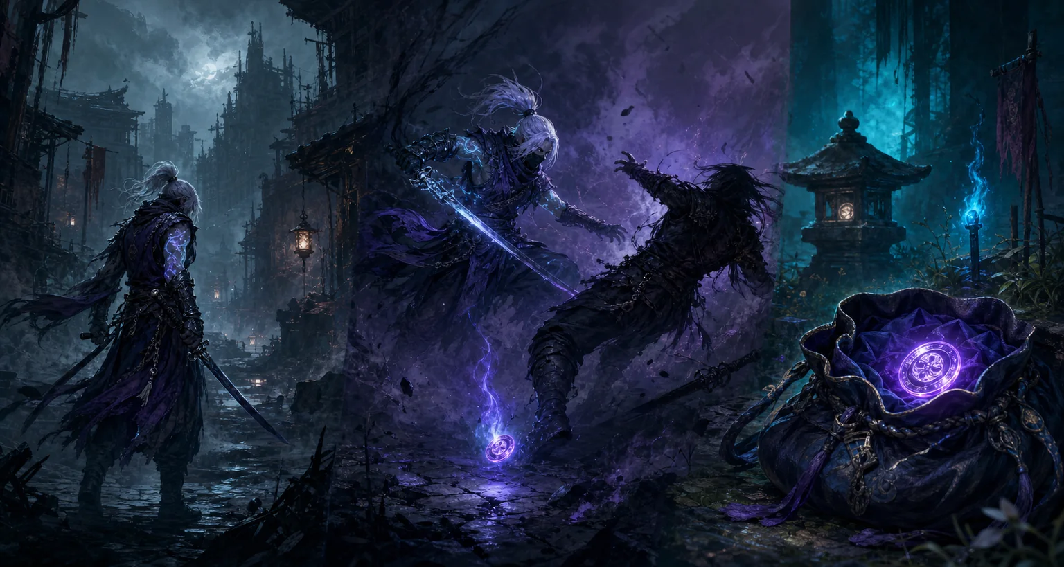 Concept sequence showing a spirit warrior finding a target, winning a fight, and collecting a glowing Soul Token