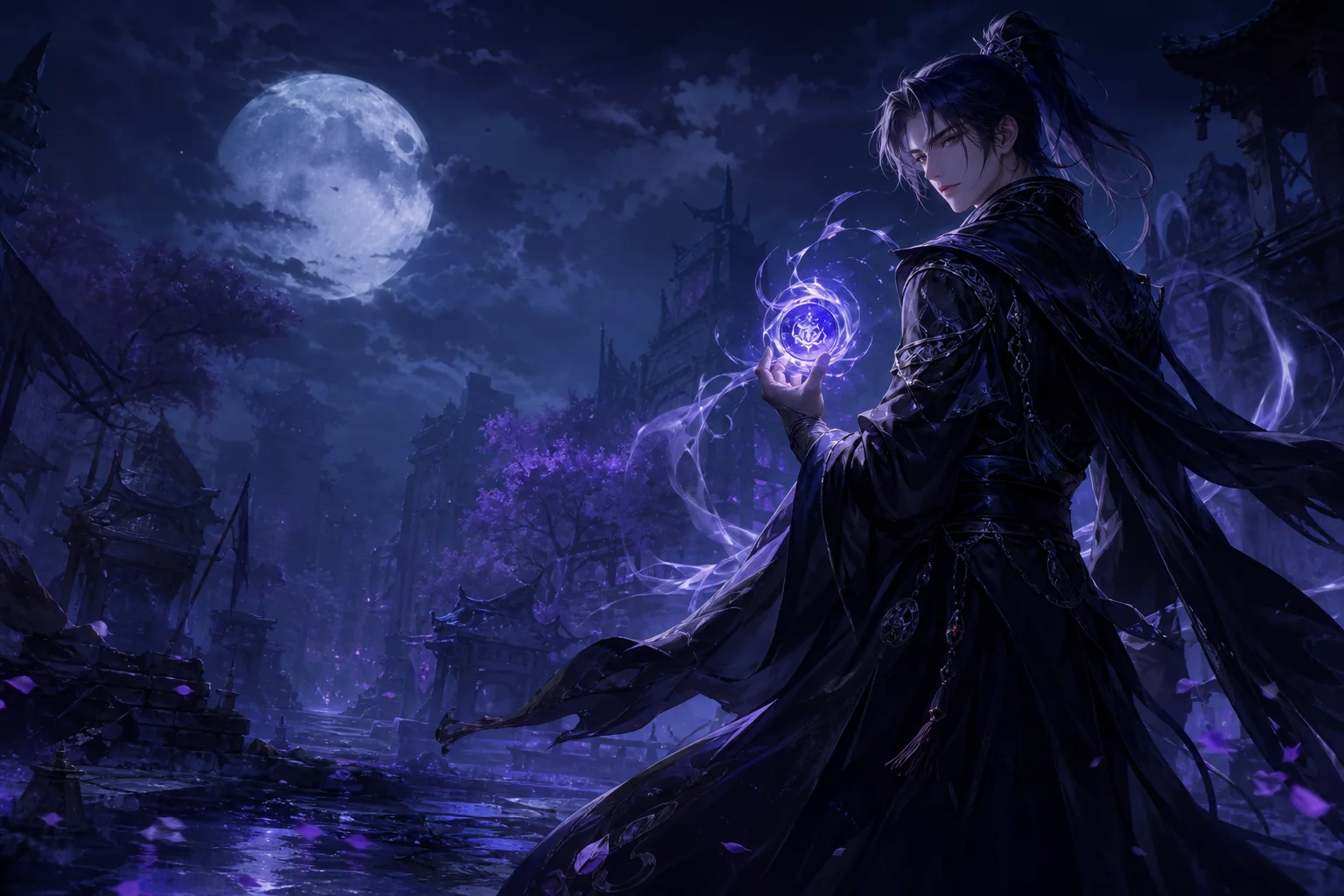 Concept illustration of a spirit warrior holding a glowing Soul Token in a ruined night district