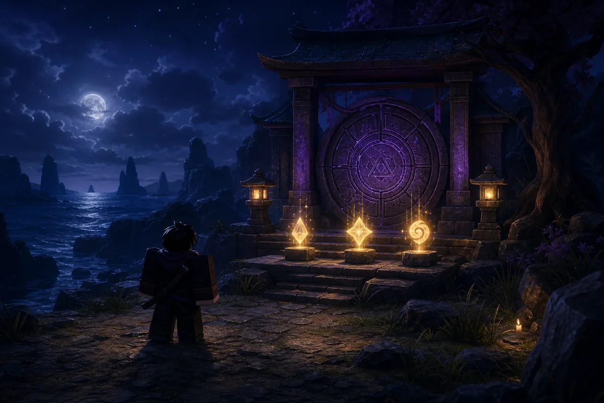 Editorial concept illustration of a VV Ultimatum shrine with three glowing quest Extracts