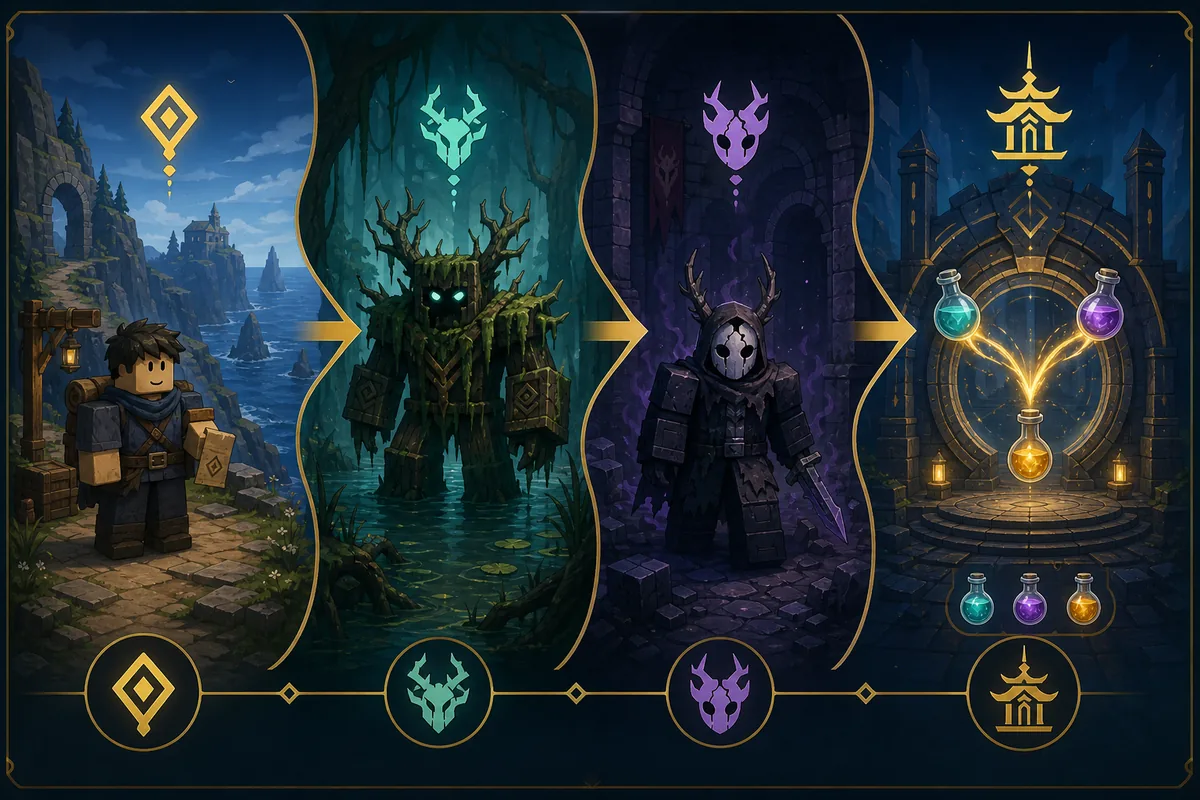 Editorial route illustration showing a quest NPC, swamp guardian, masked Hollow, and shrine portal