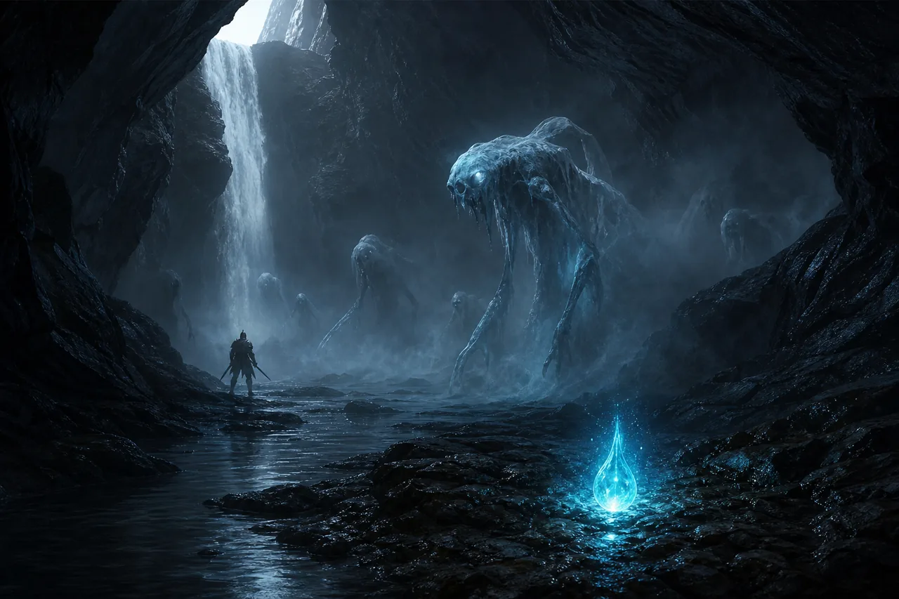 Editorial illustration of pale-blue spectral enemies and a glowing Strange Essence inside a waterfall cave