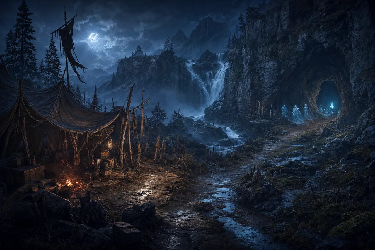 Editorial route illustration from a frontier camp to a waterfall cave with pale-blue spectral enemies