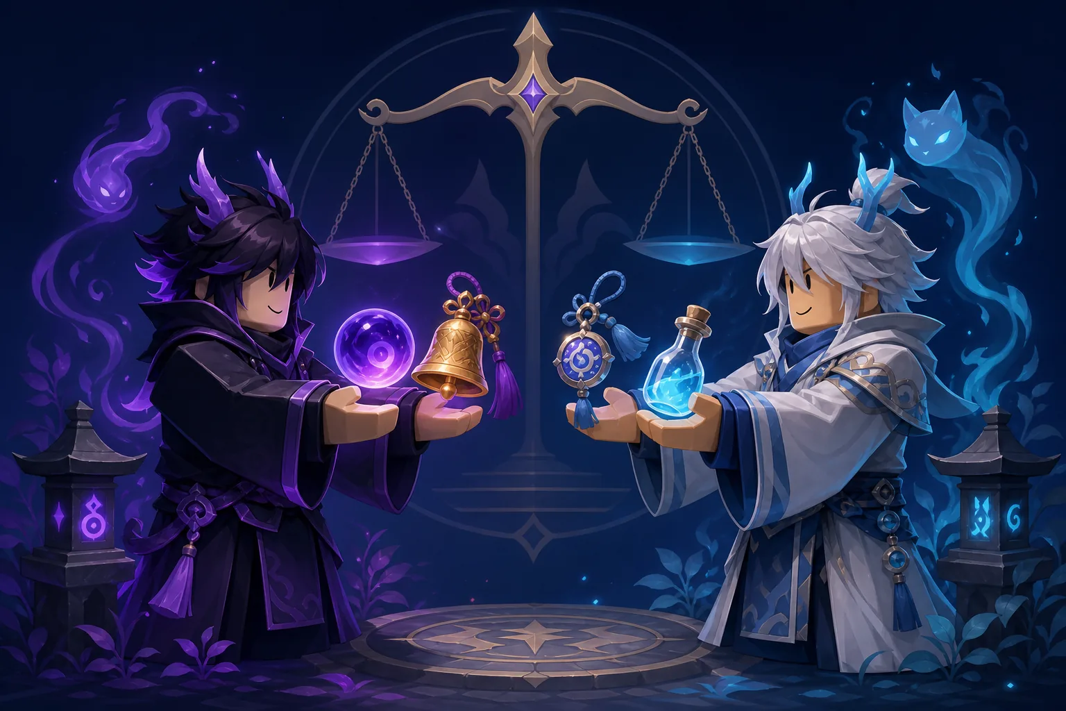 Editorial concept illustration of two fantasy players comparing VV Ultimatum trade items beside a balance scale