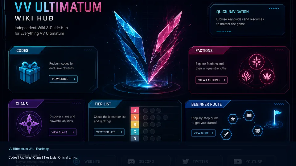 VV Ultimatum guide roadmap showing codes, factions, clans, tier lists, and official links